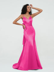 Spaghetti Träger Satin Meerjungfrau Kleider Fuchsia