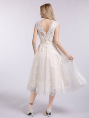 Illusion Ausschnitt Spitze Kurz Brautkleid mit Bowknot Champagner