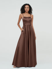A-Linie Spaghetti Träger Maxi Satin Kleider Schokolade