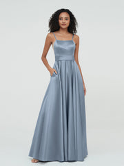 A-Linie Spaghetti Träger Maxi Satin Kleider Staubiges Blau