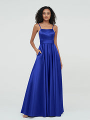 A-Linie Spaghetti Träger Maxi Satin Kleider Königsblau
