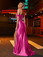 Schulterfreies Abschlussballkleid mit Frontsplit Fuchsia
