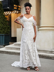 A-Linie Spitze Applique Sweep-Zug Brautkleid Weiß