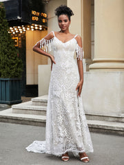A-Linie Spitze Applique Sweep-Zug Brautkleid Champagner