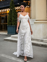 A-Linie Spitze Applique Sweep-Zug Brautkleid Champagner