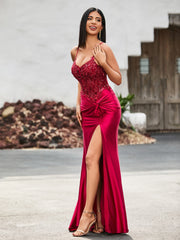 Korsett Oberteil Hoher Schlitz Satin Kleid Burgunderrot