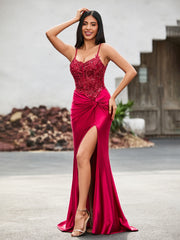 Korsett Oberteil Hoher Schlitz Satin Kleid Burgunderrot