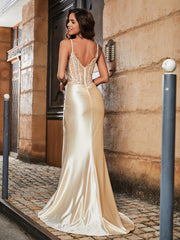 Korsett Oberteil Hoher Schlitz Satin Kleid Champagner