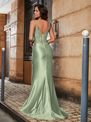 Korsett Oberteil Hoher Schlitz Satin Kleid Staubiges Salbei