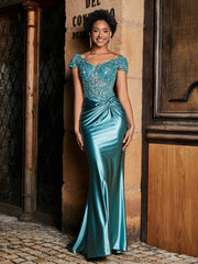 Perlen Korsett Oberteil Meerjungfrau Satin Kleid Jade