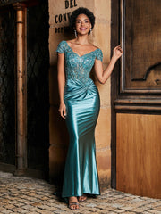 Perlen Korsett Oberteil Meerjungfrau Satin Kleid Jade