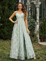 V-Ausschnitt Applique Blumen Kleid mit Schlitz Staubiges Salbei Übergröße