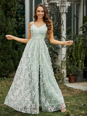 V-Ausschnitt Applique Blumen Kleid mit Schlitz Narzisse