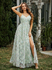 V-Ausschnitt Applique Blumen Kleid mit Schlitz Narzisse