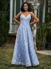 V-Ausschnitt Spitze Applique Blumen A-Linie Kleid Bonbonrosa
