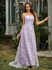 Quadratischer Ausschnitt Sweep-Zug Blumen Kleid mit Schlitz Lila