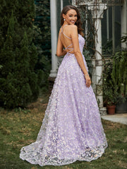 Quadratischer Ausschnitt Sweep-Zug Blumen Kleid mit Schlitz Lila