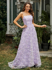 Quadratischer Ausschnitt Sweep-Zug Blumen Kleid mit Schlitz Lila