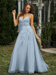 Herzform Applique Oberteil Sweep-Zug Kleid Staubiges Blau