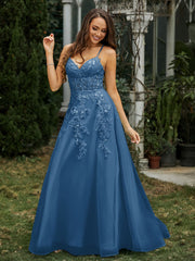 Herzform Applique Oberteil Sweep-Zug Kleid Tinte Blau