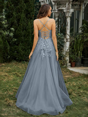 Herzform Applique Oberteil Sweep-Zug Kleid Schiefer Blau