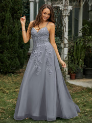 Herzform Applique Oberteil Sweep-Zug Kleid Stahlgrau