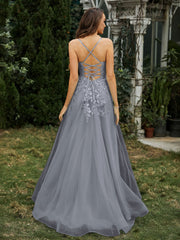 Herzform Applique Oberteil Sweep-Zug Kleid Stahlgrau