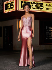 Korsett Spitze Oberteil Rücken Meerjungfrau Satin Kleid Staubige Rosa Übergröße