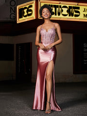 Korsett Spitze Oberteil Rücken Meerjungfrau Satin Kleid Staubige Rosa