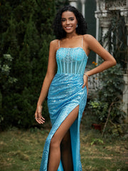 Strass Dekor Paillette Etui Kleid mit Schlitz Jade