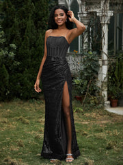 Strass Dekor Paillette Etui Kleid mit Schlitz Schwarz