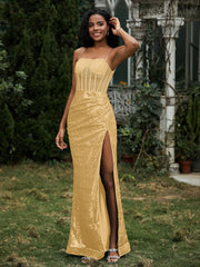 Strass Dekor Paillette Etui Kleid mit Schlitz Gold