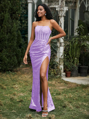 Strass Dekor Paillette Etui Kleid mit Schlitz Lila