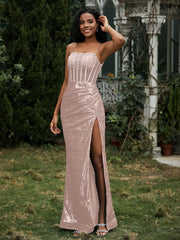 Strass Dekor Paillette Etui Kleid mit Schlitz Metallisches Gold