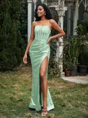 Strass Dekor Paillette Etui Kleid mit Schlitz Minzgrün