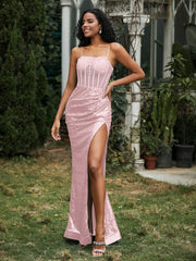 Strass Dekor Paillette Etui Kleid mit Schlitz Roségold