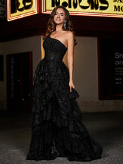 Eine Schulter Rüschen Stufenrock Tüll Kleid Schwarz