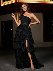 Eine Schulter Rüschen Stufenrock Tüll Kleid Schwarz