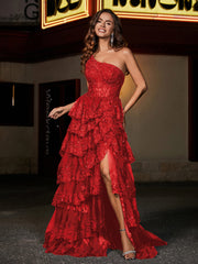 Eine Schulter Rüschen Stufenrock Tüll Kleid Rot