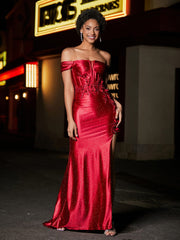 Schulterfrei Korsett Oberteil Satin Kleid Burgunderrot