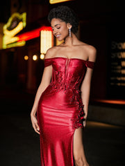 Schulterfrei Korsett Oberteil Satin Kleid Burgunderrot