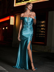 Schulterfrei Korsett Oberteil Satin Kleid Jade