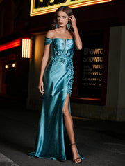 Schulterfrei Korsett Oberteil Satin Kleid Jade
