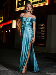 Schulterfrei Korsett Oberteil Satin Kleid Jade