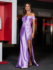 Schulterfrei Korsett Oberteil Satin Kleid Lila