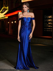 Schulterfrei Korsett Oberteil Satin Kleid Marineblau