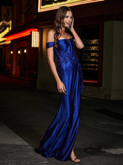 Schulterfrei Korsett Oberteil Satin Kleid Marineblau