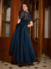 A-Linien-Kleid Mit Kurzen Ärmeln Spitze Und Falten Asymmetrisch Dunkelmarine