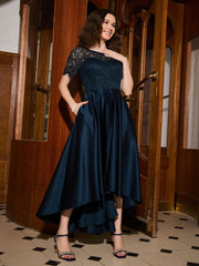 A-Linien-Kleid Mit Kurzen Ärmeln Spitze Und Falten Asymmetrisch Dunkelmarine