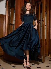 A-Linien-Kleid Mit Kurzen Ärmeln Spitze Und Falten Asymmetrisch Dunkelmarine